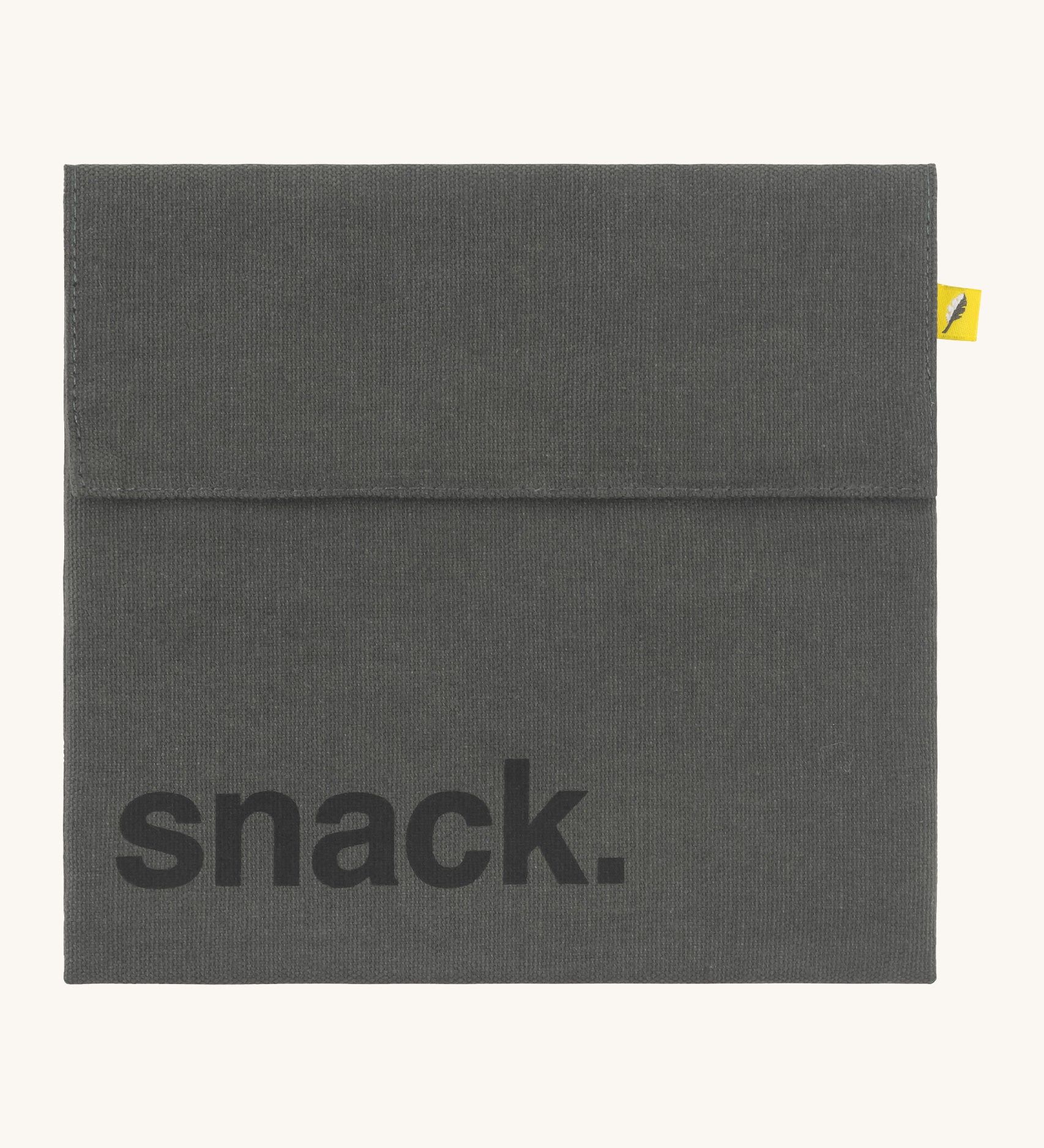 Fluf cotton snack pack with a flip velcro in dark grey colour with snack printed on the front in black 