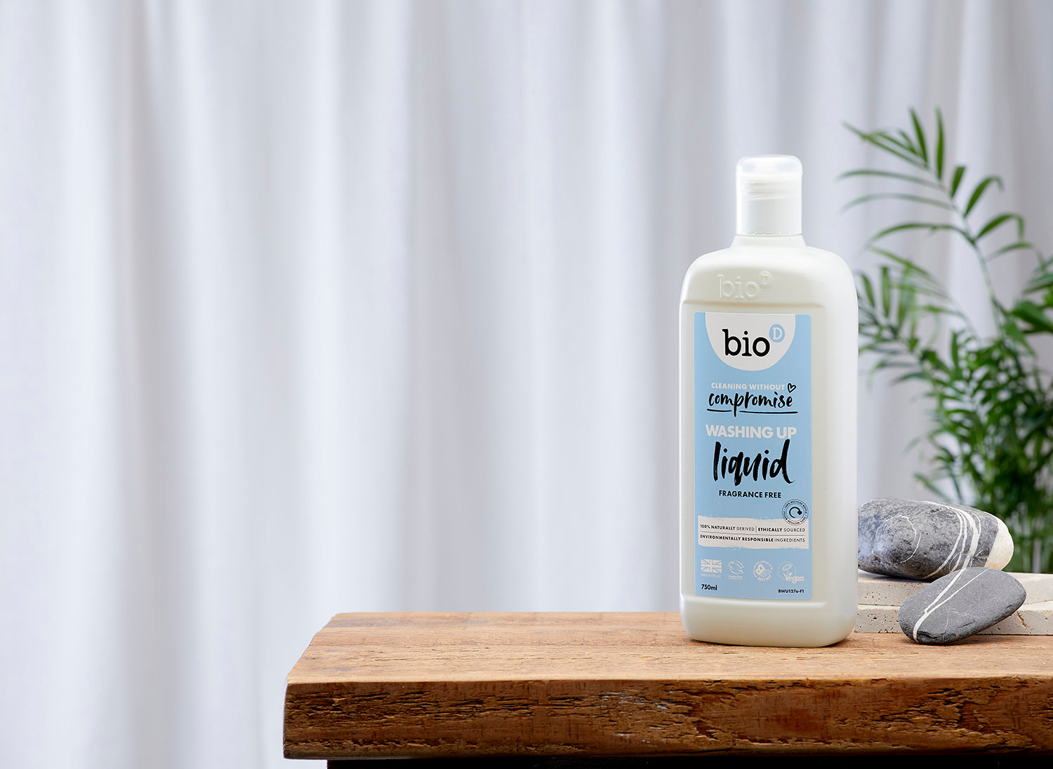 Bio-D Fragrance Free natural vegan friendly Washing Up Liquid in a 750ml bottle pictured on wooden table