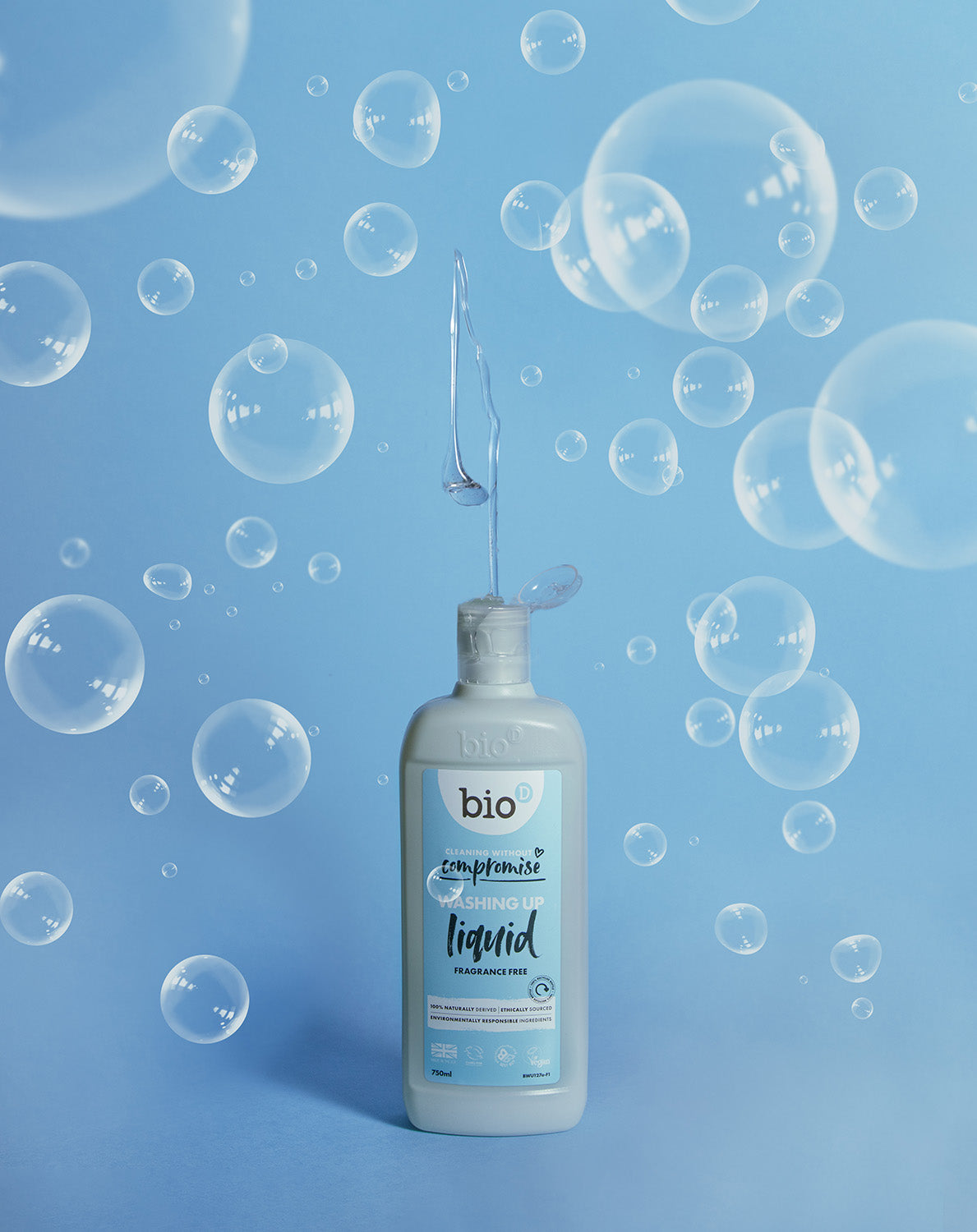 Bio-D Fragrance Free natural vegan friendly Washing Up Liquid in a 750ml bottle pictured on a blue back ground with bubbles