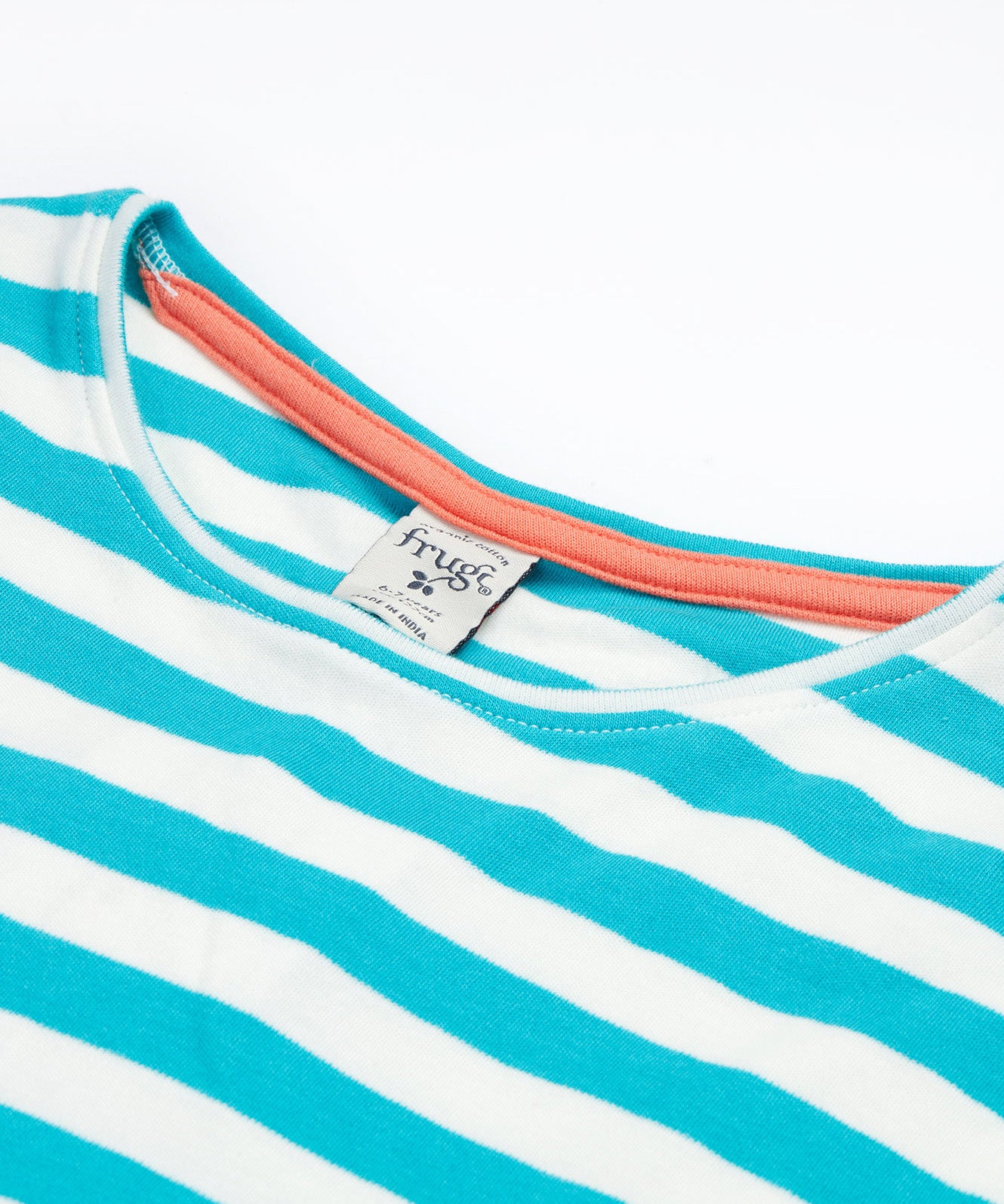 Close up of the Frugi kids Felicity koala dress. Showing the neck trim and light orange trim on the inside of the neck on white and light blue striped organic cotton fabric