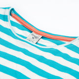 Close up of the Frugi kids Felicity koala dress. Showing the neck trim and light orange trim on the inside of the neck on white and light blue striped organic cotton fabric