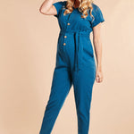 Woman wearing the Frugi Adult deep sea blue coloured Hannah Maternity Jumpsuit 