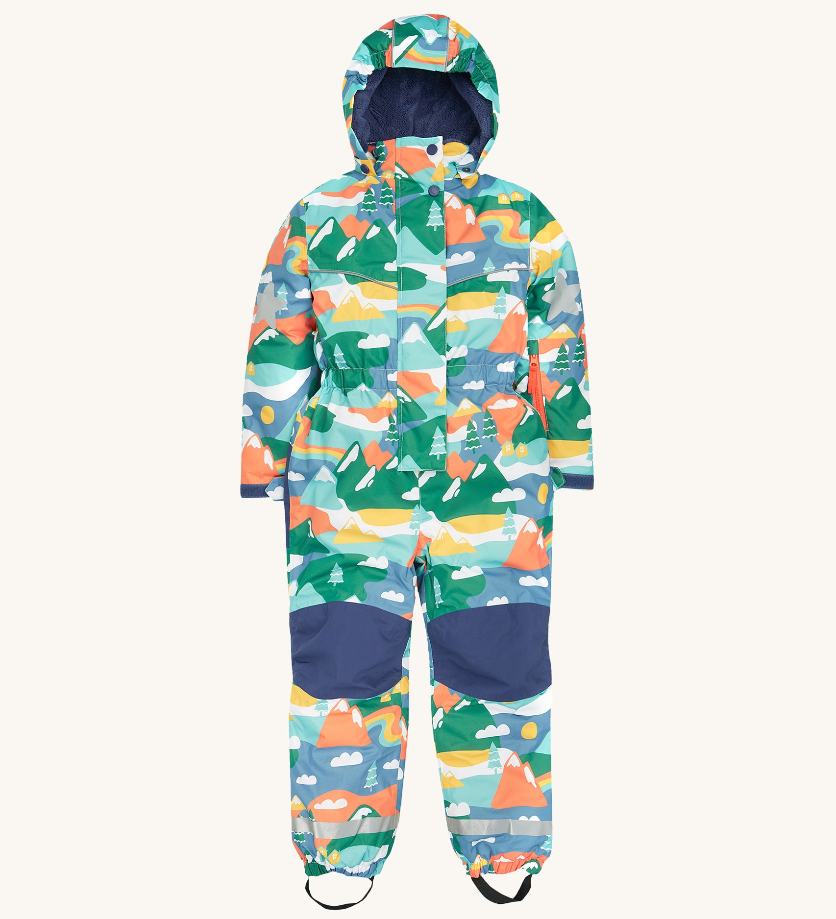 Frugi Children's Any Weather All In One - Alpine Adventures, in a colourful Alpine Adventures print, navy knee patches and navy fleece inner lining