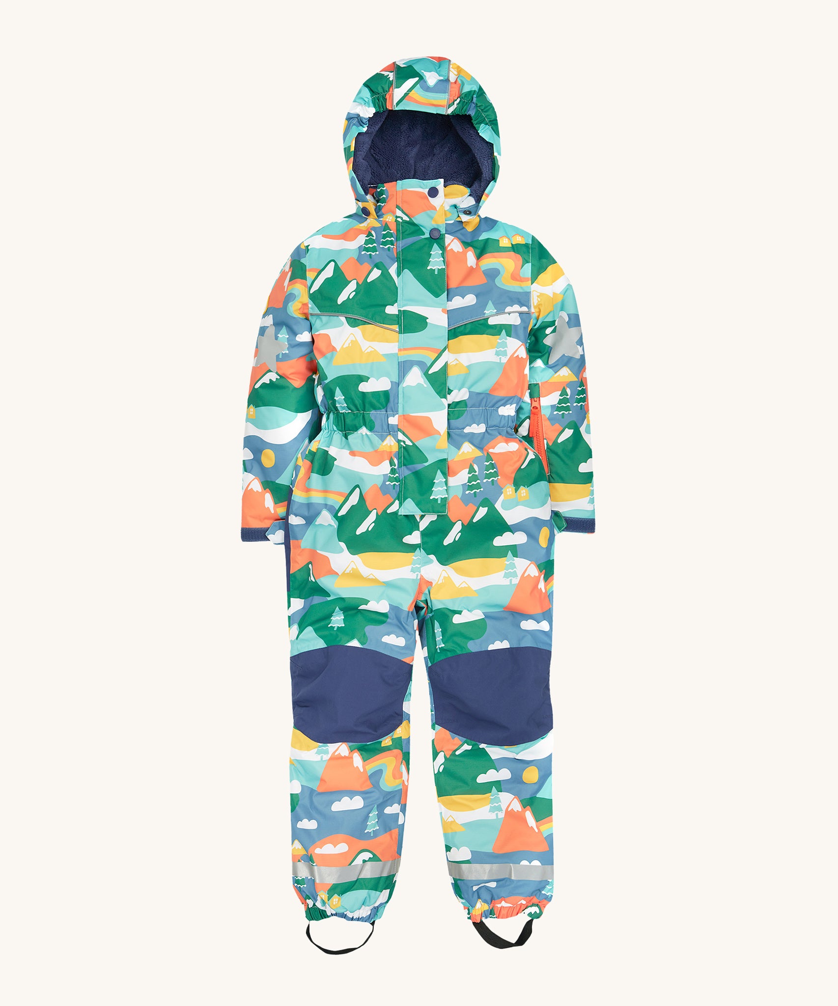 Frugi Children's Any Weather All In One - Alpine Adventures, in a colourful Alpine Adventures print, navy knee patches and navy fleece inner lining