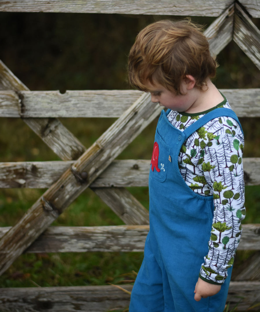 A close up of the side of a child wearing the blue Frugi Babipur cord dungarees.