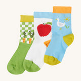 Frugi baby farm field 3 pack socks - GOTS organic cotton baby socks. Features 3 unique and vibrant farm related print with elasticated ankle cuffs.