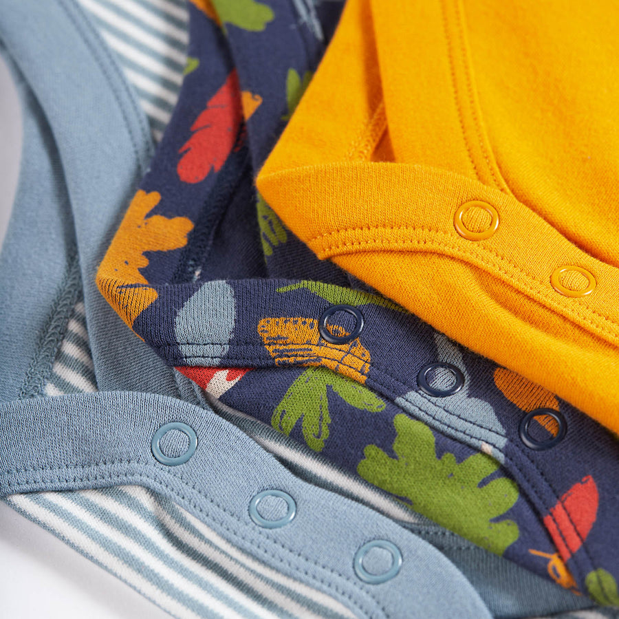 Fastener details on the Frugi Super Special Body 3-Pack - Indigo Woodland.