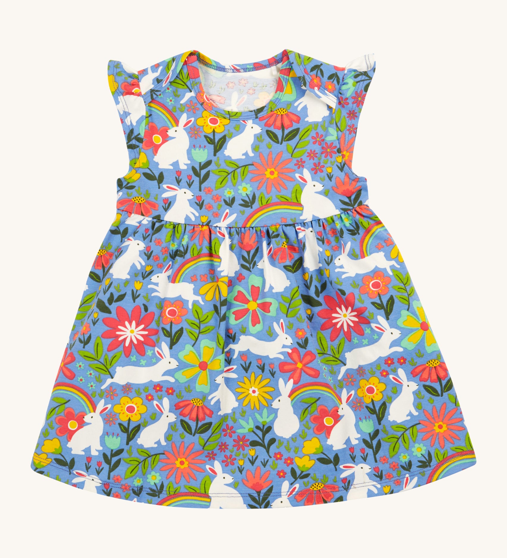 Frugi kids Bella dress bunny bounce - GOTS organic cotton kids sleeveless dress  with slight shoulder hem. Features a collection of white rabbits printed on a light blue organic cotton fabric with different coloured flowers and bright rainbows. 