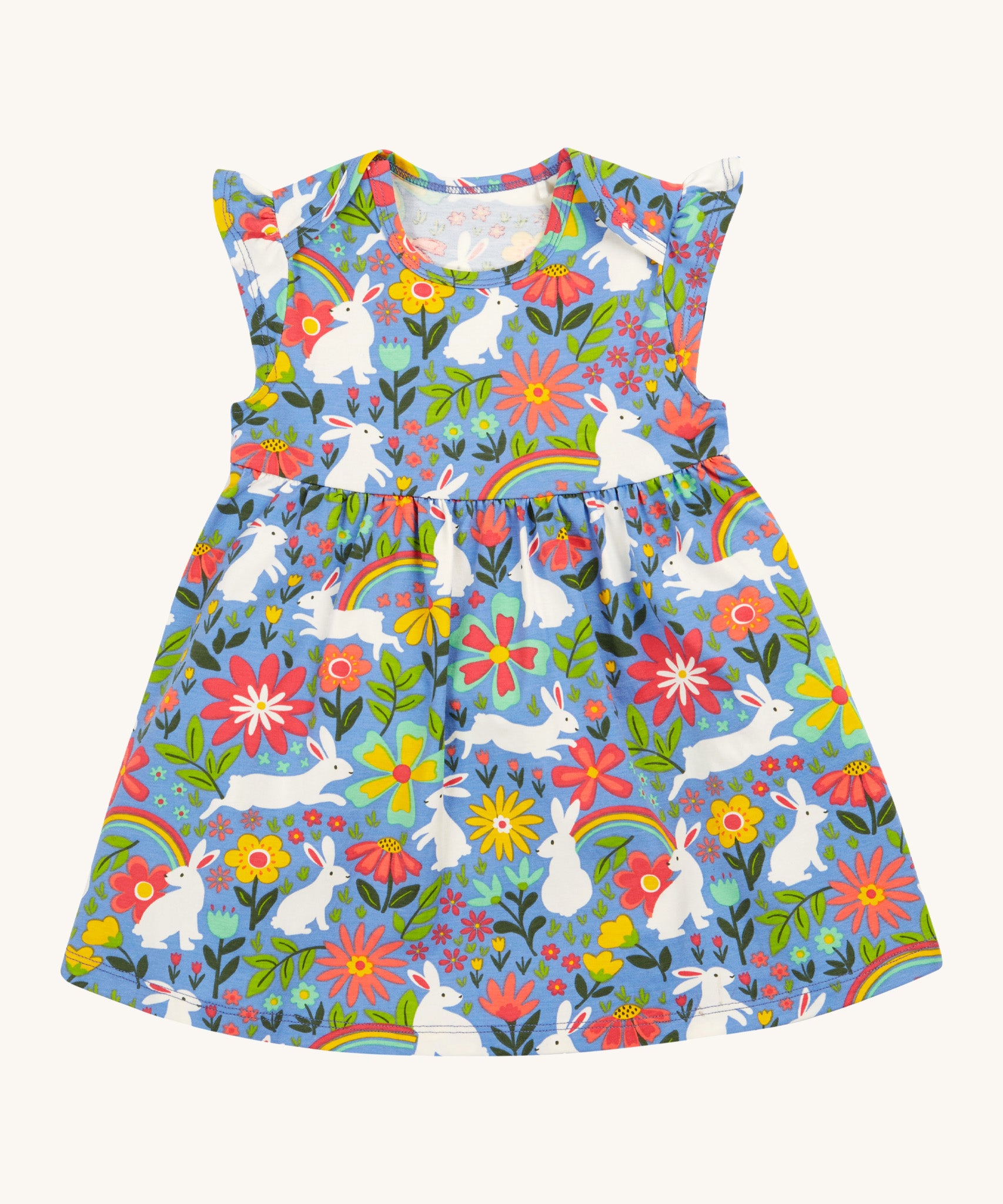 Frugi kids Bella dress bunny bounce - GOTS organic cotton kids sleeveless dress  with slight shoulder hem. Features a collection of white rabbits printed on a light blue organic cotton fabric with different coloured flowers and bright rainbows. 