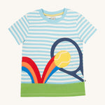 Frugi kids bluebird tennis tshirt - GOTS organic cotton kids tshirt with blue and white stripes, short sleeves, and a green hem to represent grass. Features a tennis racket and tennis ball on a rainbow appliqué 