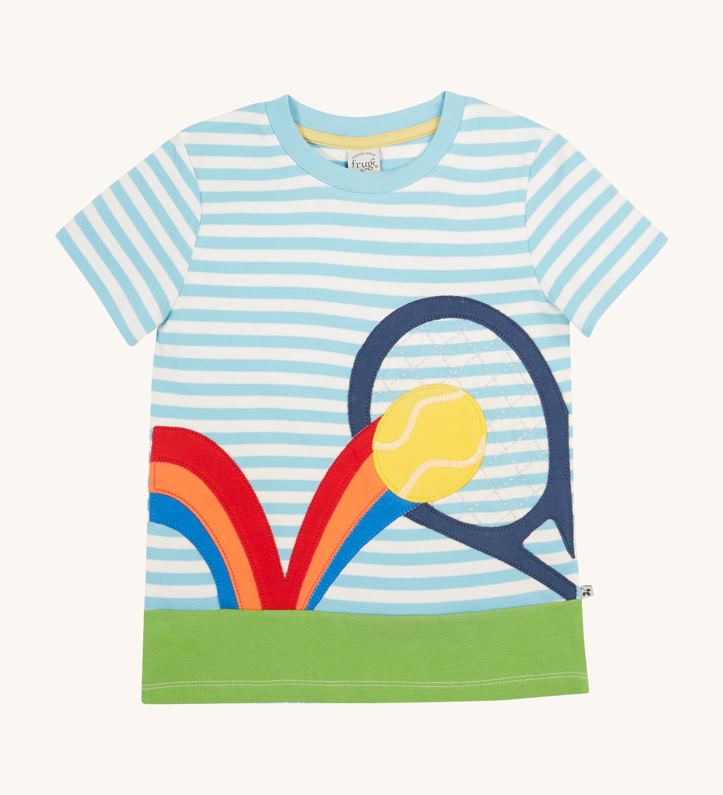 Frugi kids bluebird tennis tshirt - GOTS organic cotton kids tshirt with blue and white stripes, short sleeves, and a green hem to represent grass. Features a tennis racket and tennis ball on a rainbow appliqué 