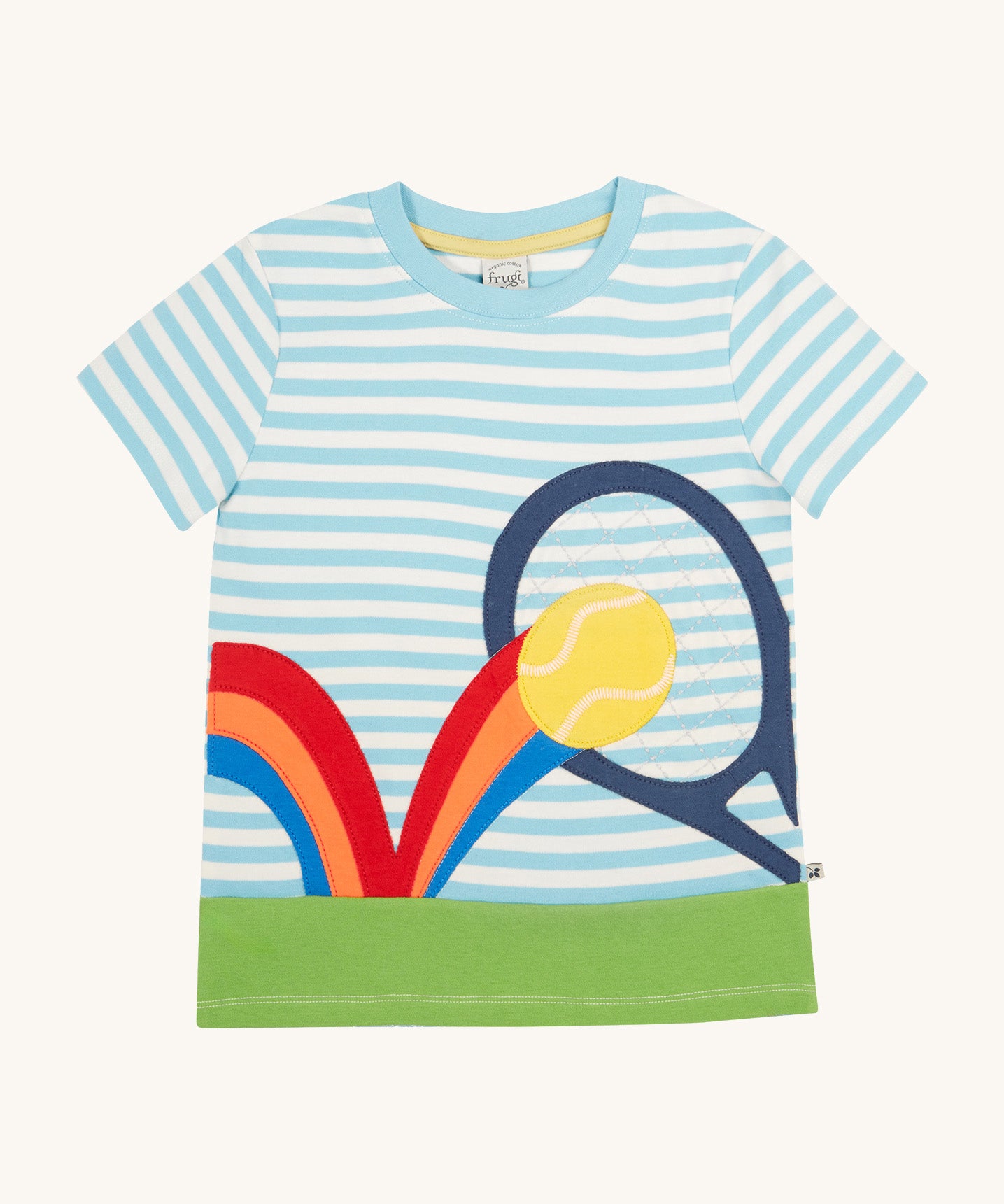 Frugi kids bluebird tennis tshirt - GOTS organic cotton kids tshirt with blue and white stripes, short sleeves, and a green hem to represent grass. Features a tennis racket and tennis ball on a rainbow appliqué 