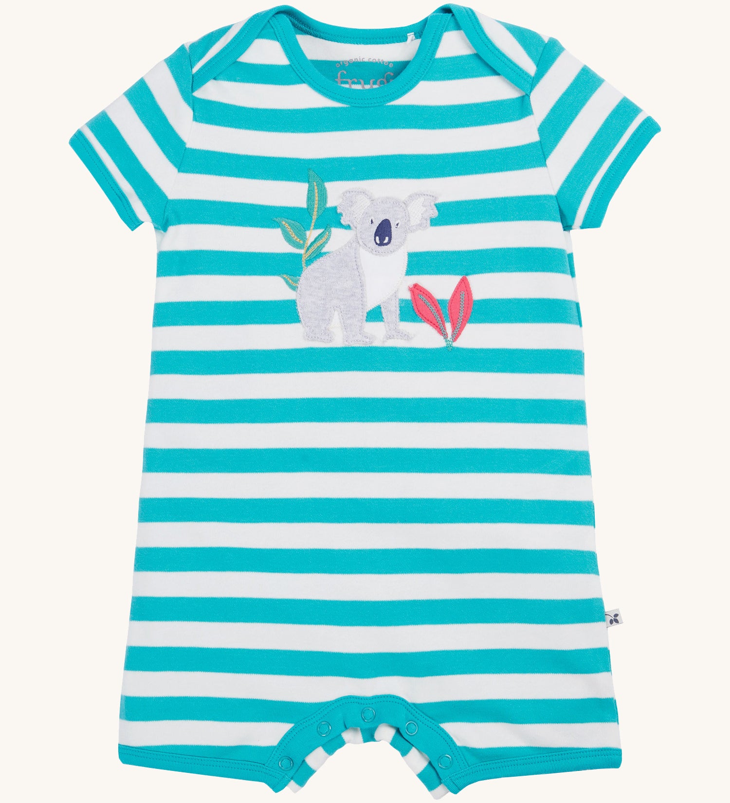 Frugi little koala rue romper - GOTS organic cotton baby romper with blue and white stripes, short sleeve and popper fasteners to cover the legs. Features a applique of a grey koala next to pink leaves and a bamboo shoot.