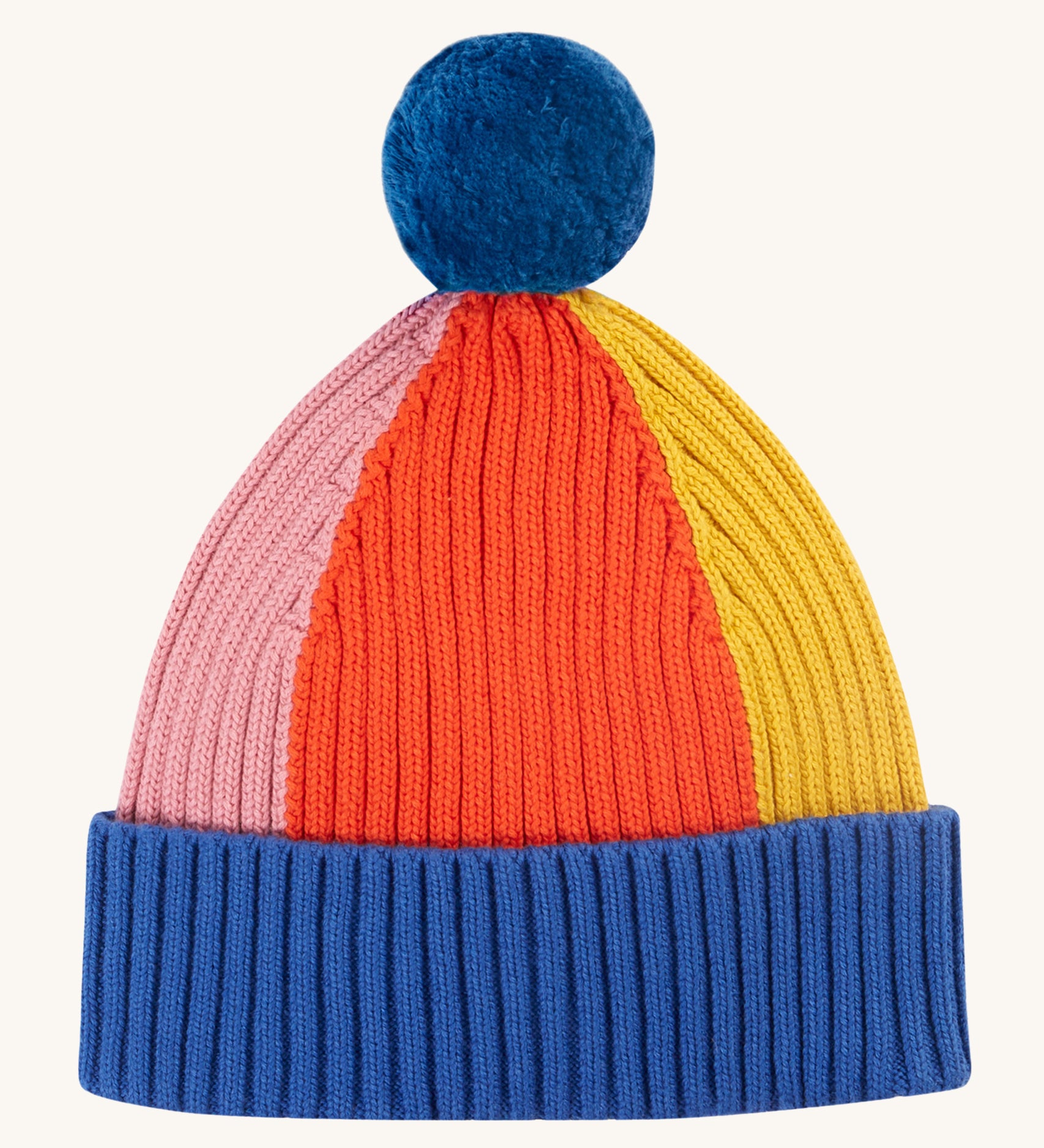 The Frugi Children's Rainbow Rib Bobble Hat - Blue Tang/Rainbow on a cream background