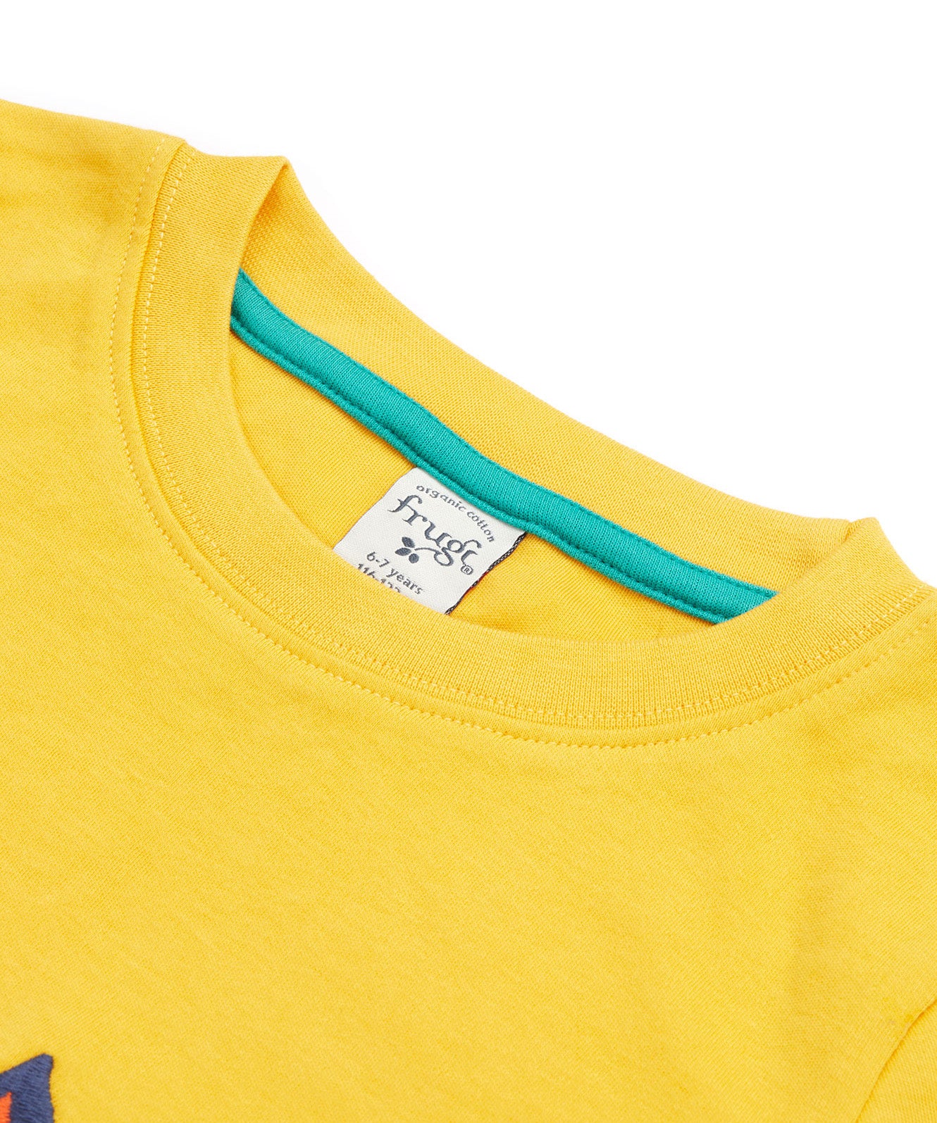 Close up of the Frugi kids bumblebee okapi short sleeve t-shirt. showing the yellow neck trim and green trim on the inside of the neck on yellow organic cotton fabric