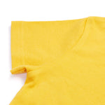 Close up of the Frugi kids bumblebee okapi short sleeve t-shirt. showing the short sleeve detail on yellow organic cotton fabric