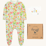 Frugi baby peony bunny gift set - GOTS organic cotton baby gift set. Features a babygrow with grey bunny rabbits and a collection of coloured flowers with a matching white bib with a grey rabbit. Includes a decorated cardboard box.