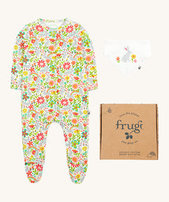 Frugi baby peony bunny gift set - GOTS organic cotton baby gift set. Features a babygrow with grey bunny rabbits and a collection of coloured flowers with a matching white bib with a grey rabbit. Includes a decorated cardboard box.