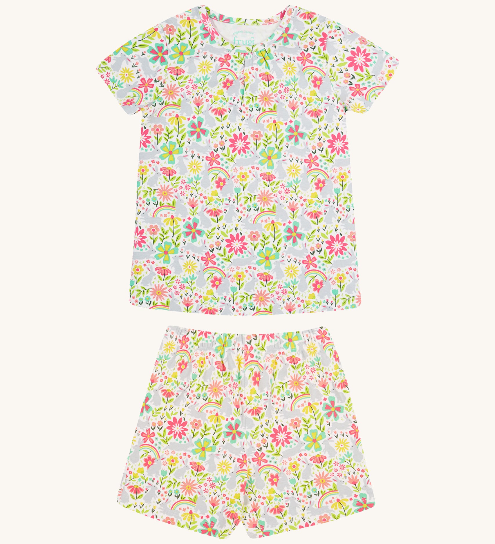 Frugi bunny bounce fawn pyjama set - GOTS organic cotton kids pyjama set with short sleeve top and shorts with a elasticated waist band. Features a grey bunny and floral print design