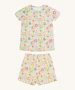 Frugi bunny bounce fawn pyjama set - GOTS organic cotton kids pyjama set with short sleeve top and shorts with a elasticated waist band. Features a grey bunny and floral print design