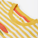 Close up of the Frugi campervan short sleeve t-shirt. Showing the neck detail on yellow and white striped organic cotton fabric 