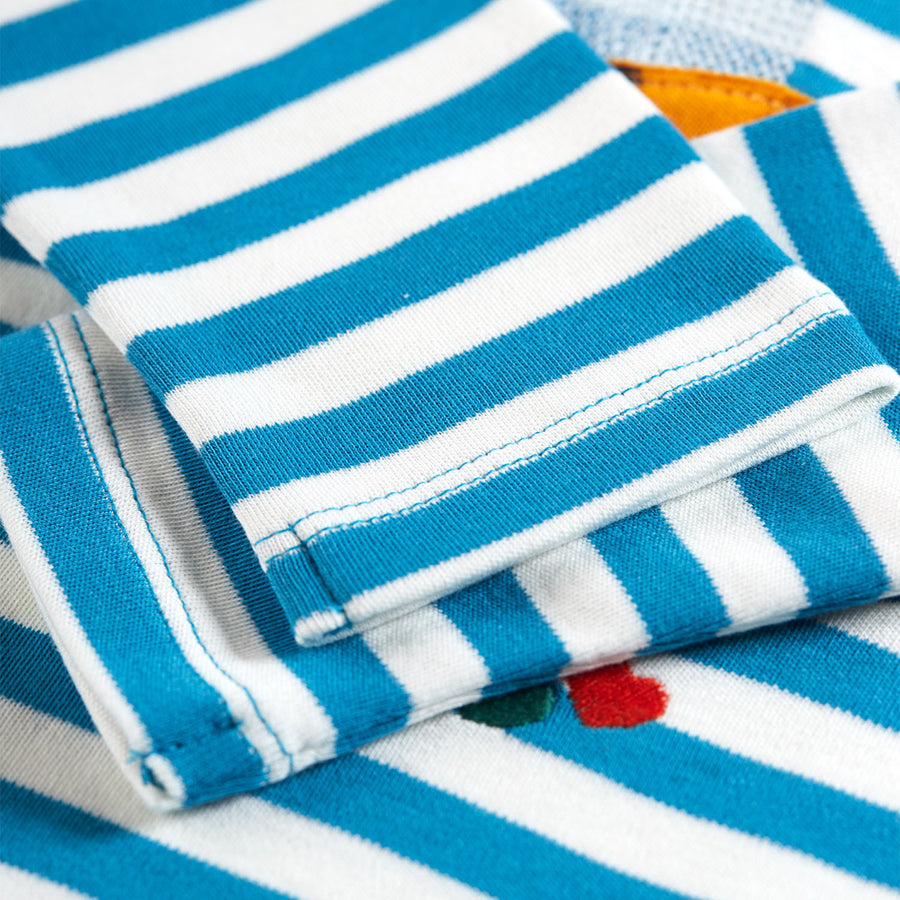 Cuff and material detail on the Frugi Bobby Applique Top - Tor Blue / Bumblebee.