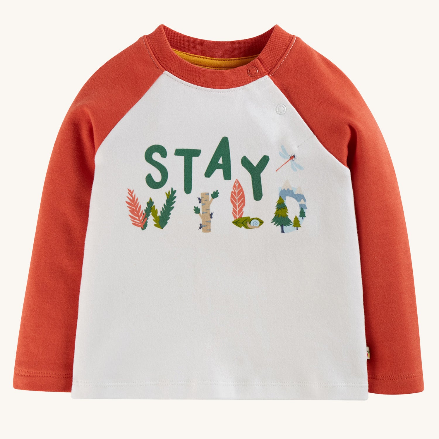 Frugi Luke Raglan Top - Stay Wild / Paprika on a plain background.