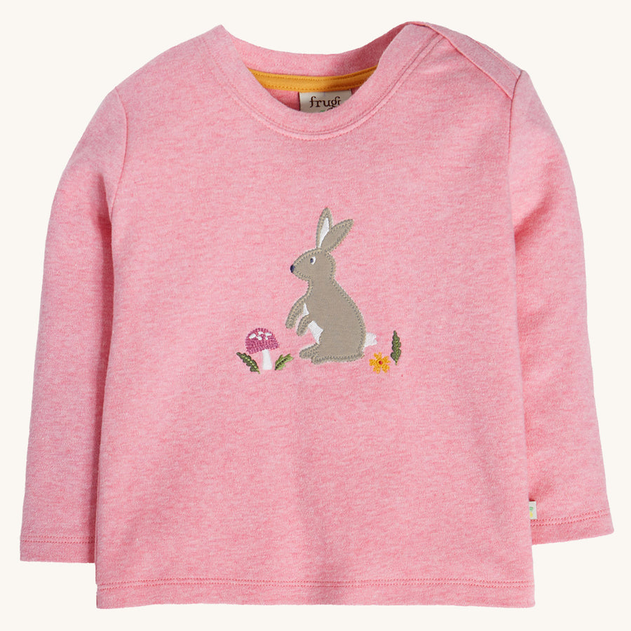 Frugi Orion Applique Top - Pink Marl / Bunny on a plain background.