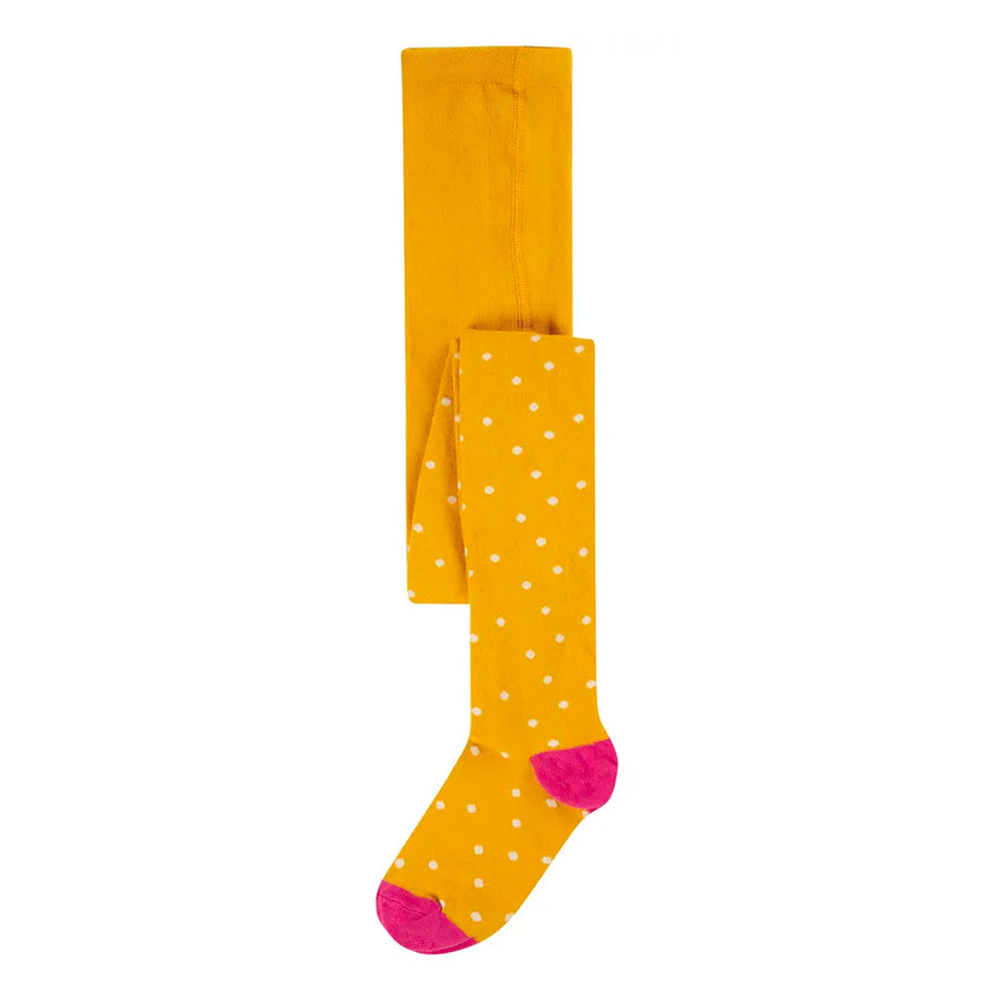 Frugi childrens bumblebee spotty yellow norah tights on a white background