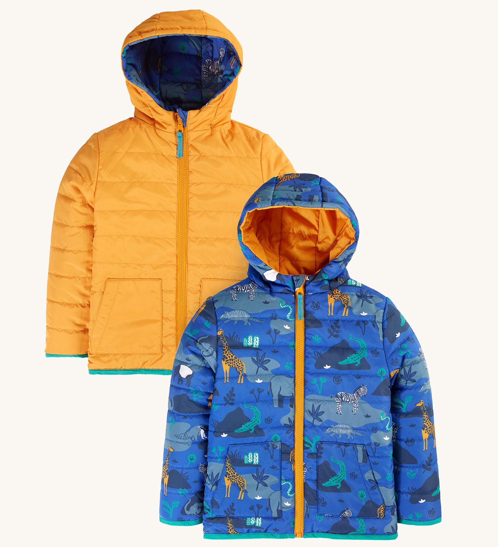 Frugi Children's Reversible Toasty Trail Jacket - Safari Camo, showing the yellow and safari patterns and print