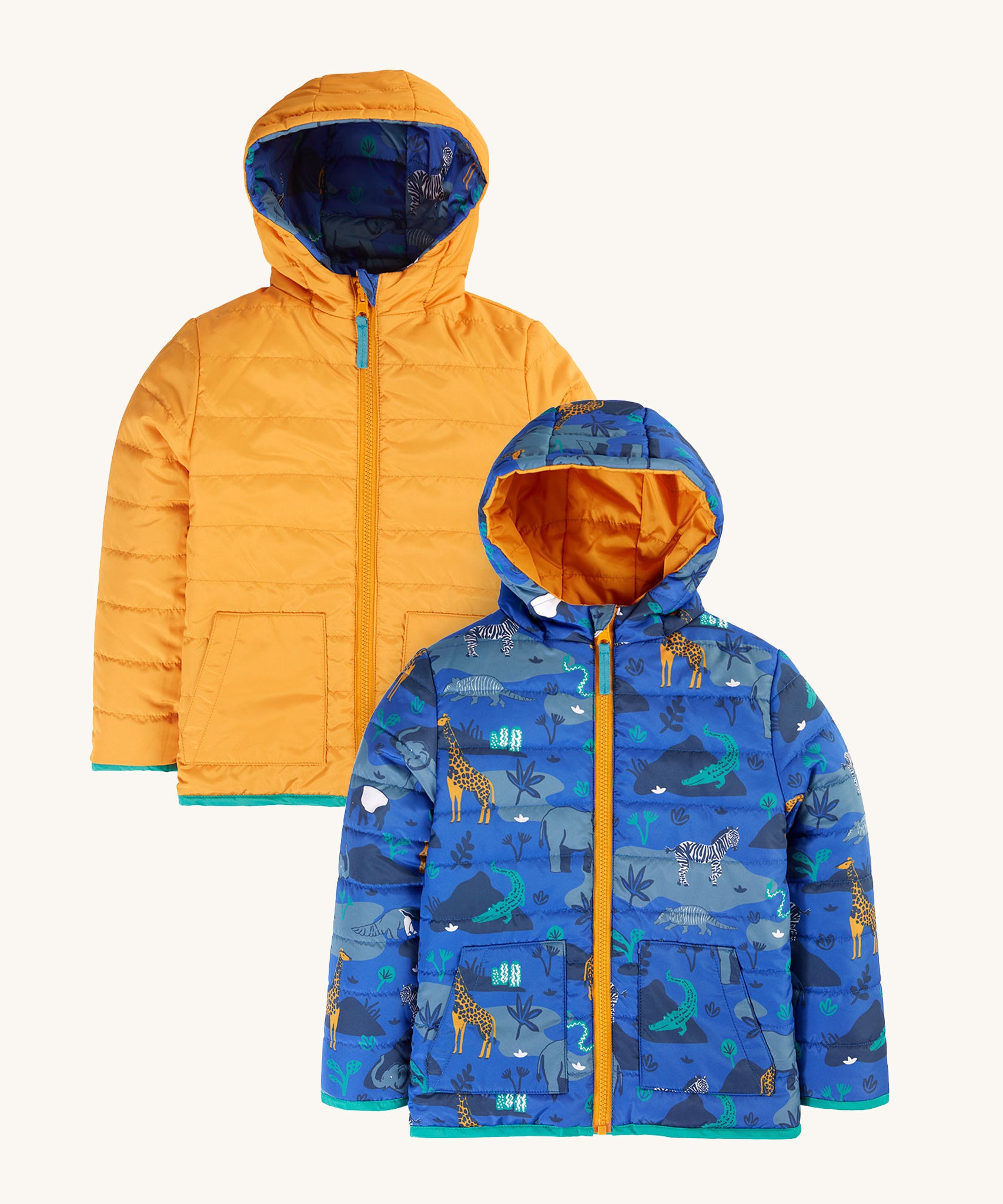 Frugi Children's Reversible Toasty Trail Jacket - Safari Camo, showing the yellow and safari patterns and print