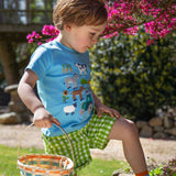 A child wearing the Frugi Giles green coloured Macaw Gingham Shorts with a blue farm life themed short sleeved t-shirt. 