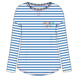 Frugi adults organic cotton meg maternity and nursing pj top in the cobalt breton and sleep colour on a white background