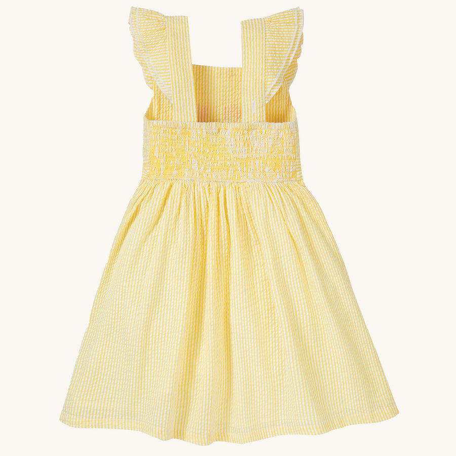  yellow and white striped short sleeve dress with adjustable ruffle straps