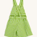 Frugi kids macaw ginham, veg culotte dungarees - GOTS organic cotton kids dungarees with green and white gingham, button fasteners on the shoulder straps for easy fitting with an elasticated waist band