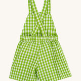 Frugi kids macaw ginham, veg culotte dungarees - GOTS organic cotton kids dungarees with green and white gingham, button fasteners on the shoulder straps for easy fitting with an elasticated waist band