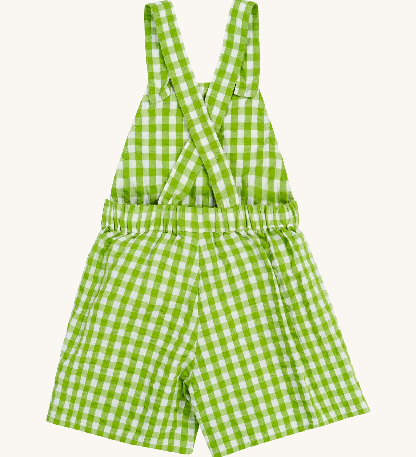 Frugi kids macaw ginham, veg culotte dungarees - GOTS organic cotton kids dungarees with green and white gingham, button fasteners on the shoulder straps for easy fitting with an elasticated waist band