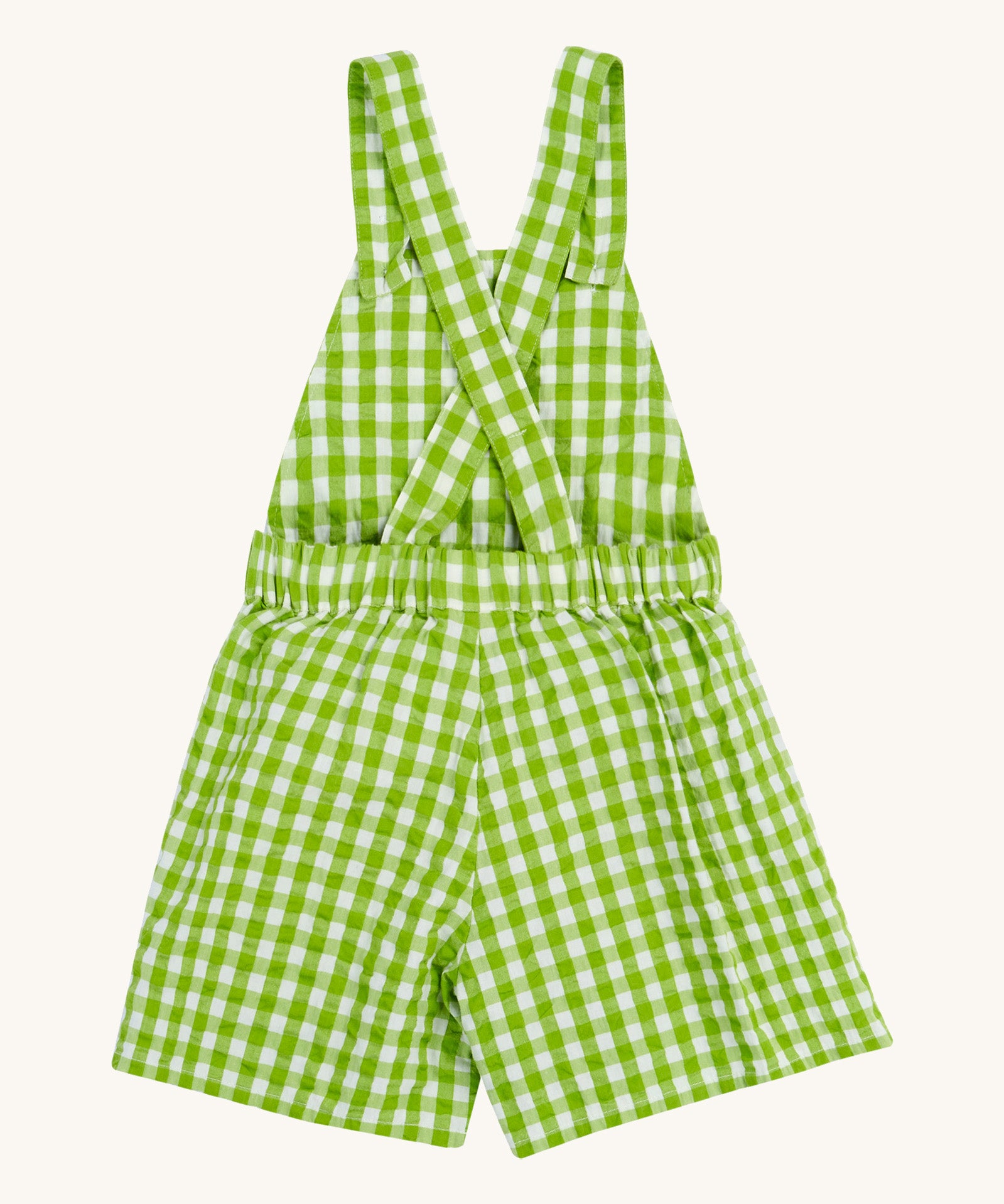 Frugi kids macaw ginham, veg culotte dungarees - GOTS organic cotton kids dungarees with green and white gingham, button fasteners on the shoulder straps for easy fitting with an elasticated waist band