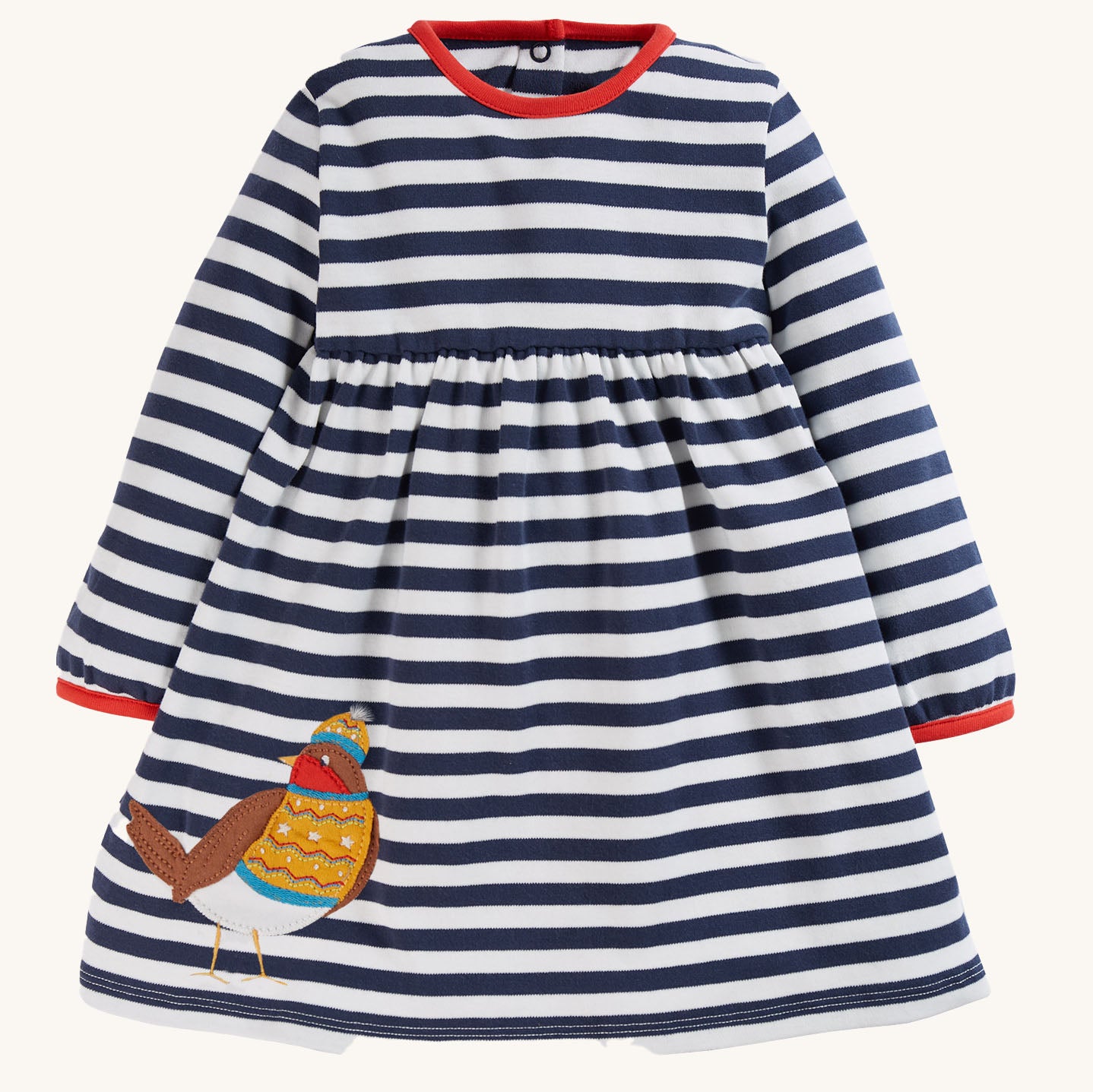 frugi dea dress in indigo and white stripe print and adorable robin appliqué