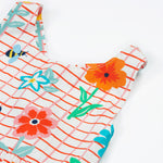 Close up of the Frugi kids Delpi paint a floral dress. Showing the shoulder strap detail, coloured flowers and yellow bees on white check with red outline organic cotton fabric