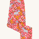 Frugi kids donkey drove bounce libby leggings - GOTS organic cotton kids light pink leggings folded in half. Features a multicoloured flower design with grey donkeys.