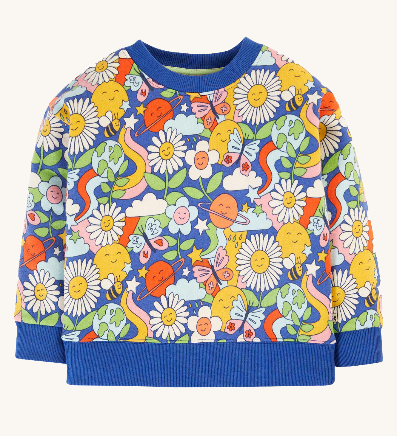 Frugi Easy On kids Jumper with a Retro Happy print on a plain background. 