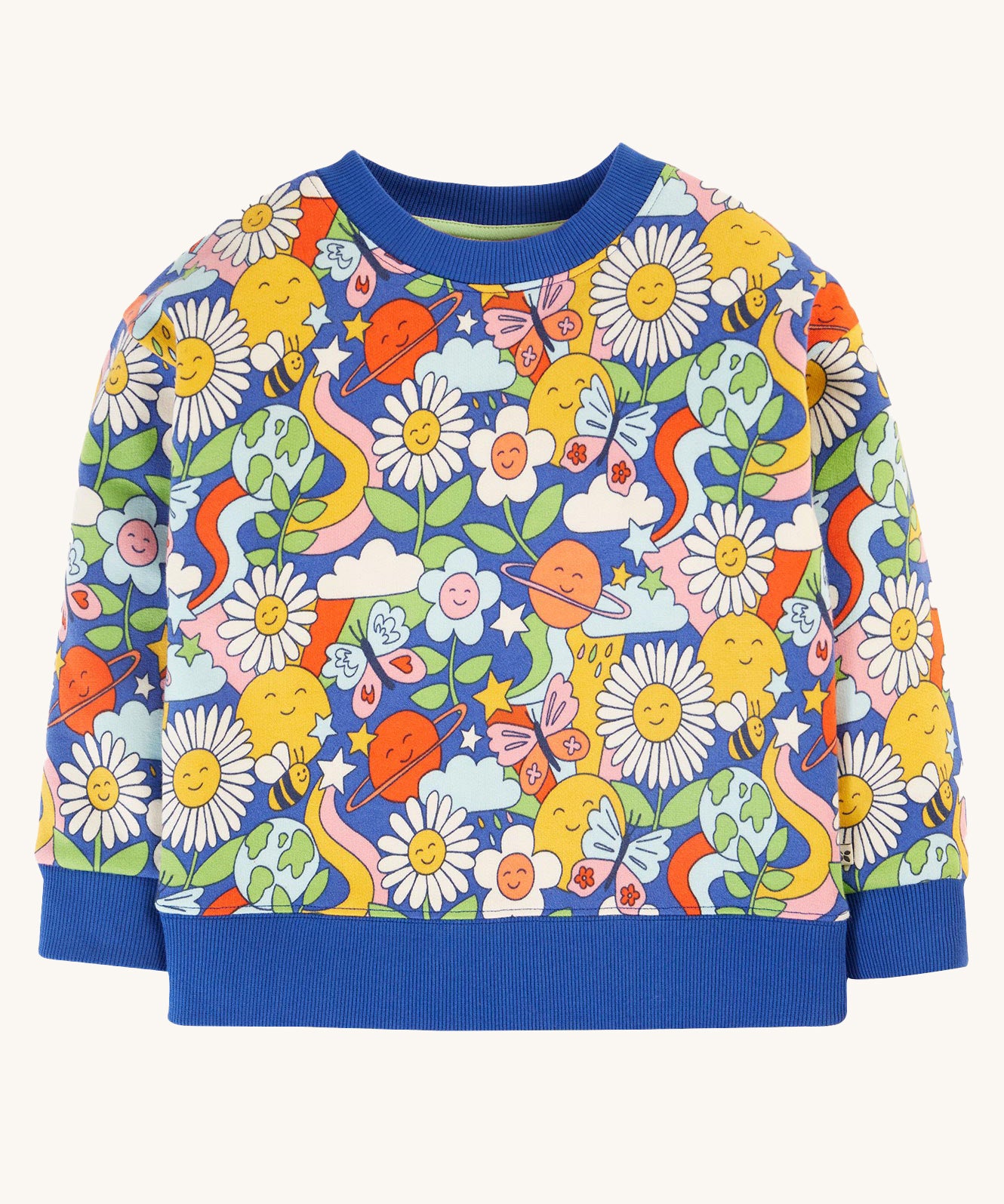 Frugi Easy On kids Jumper with a Retro Happy print on a plain background. 