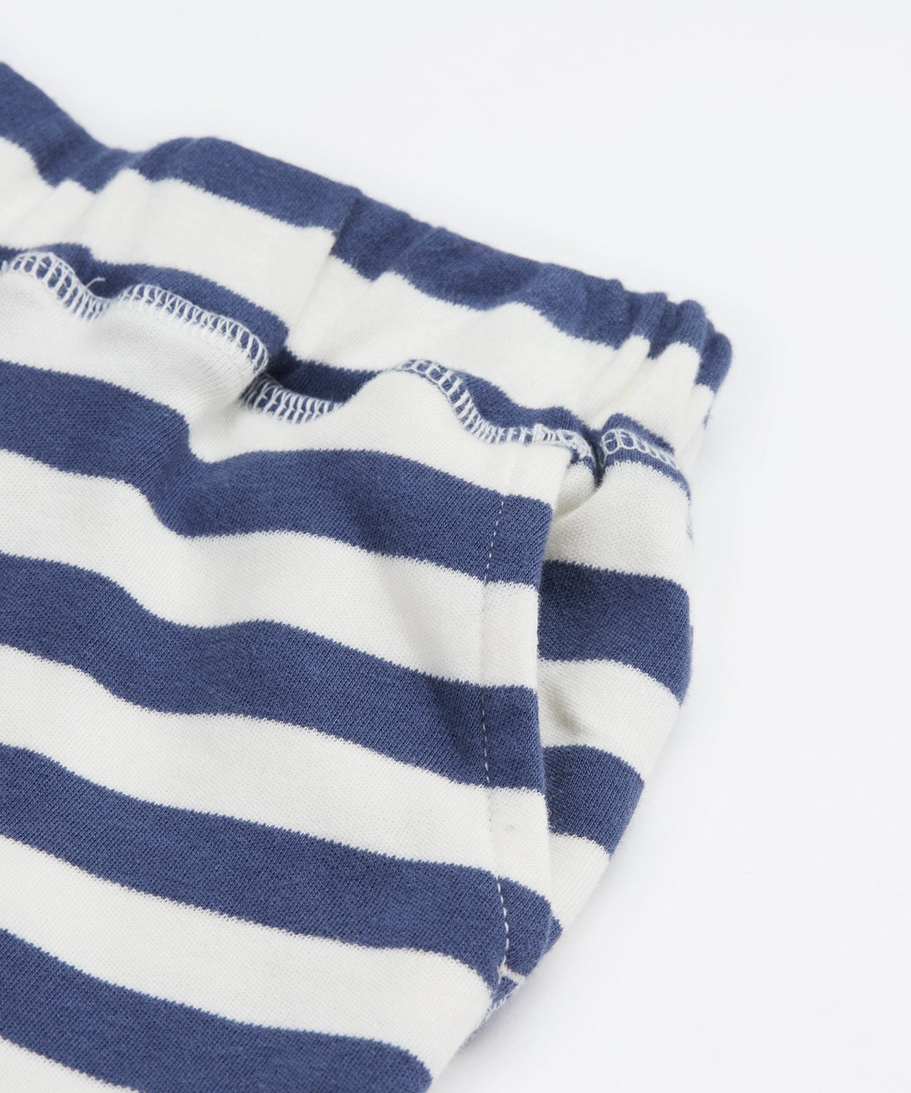 Close up of the shorts from the Frugi easy  on llama outfit showing the pocket detail and waist hem on blue and white stripe organic cotton fabric