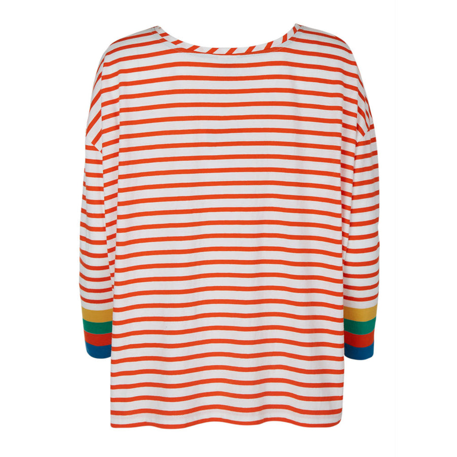 Back of the Frugi adults organic cotton striped box fit long sleeve top on a white background