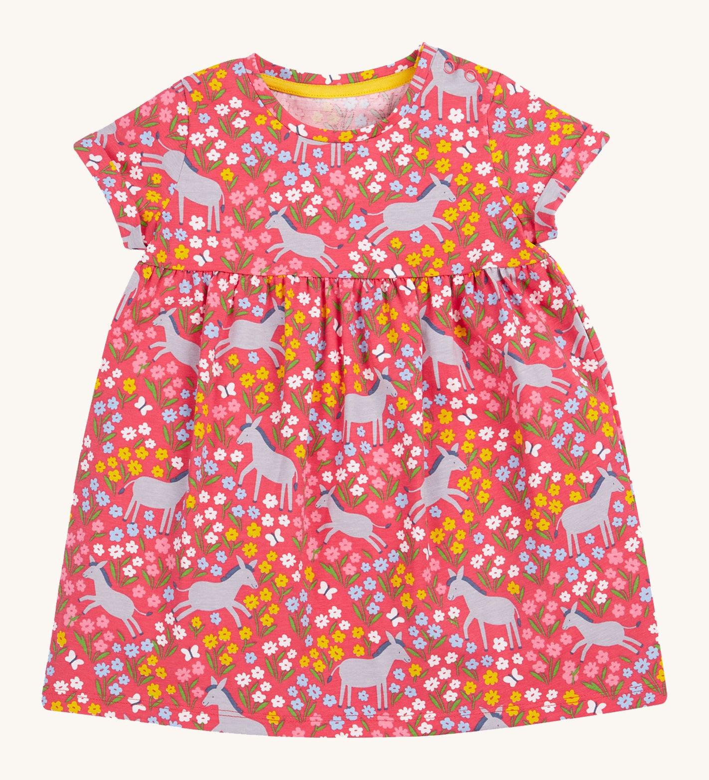 Frugi kids Ellen dress donkey drove - GOTS organic cotton Frugi kids dress with short turned up sleeve in pink. Features grey donkeys surrounded by yellow white pink and light blue flowers. 