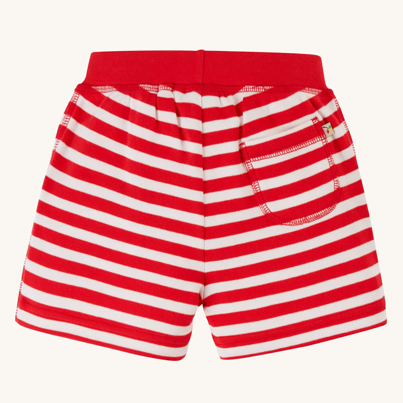 Back of the Frugi Ellis Shorts - True Red Stripe pictured on a plain background