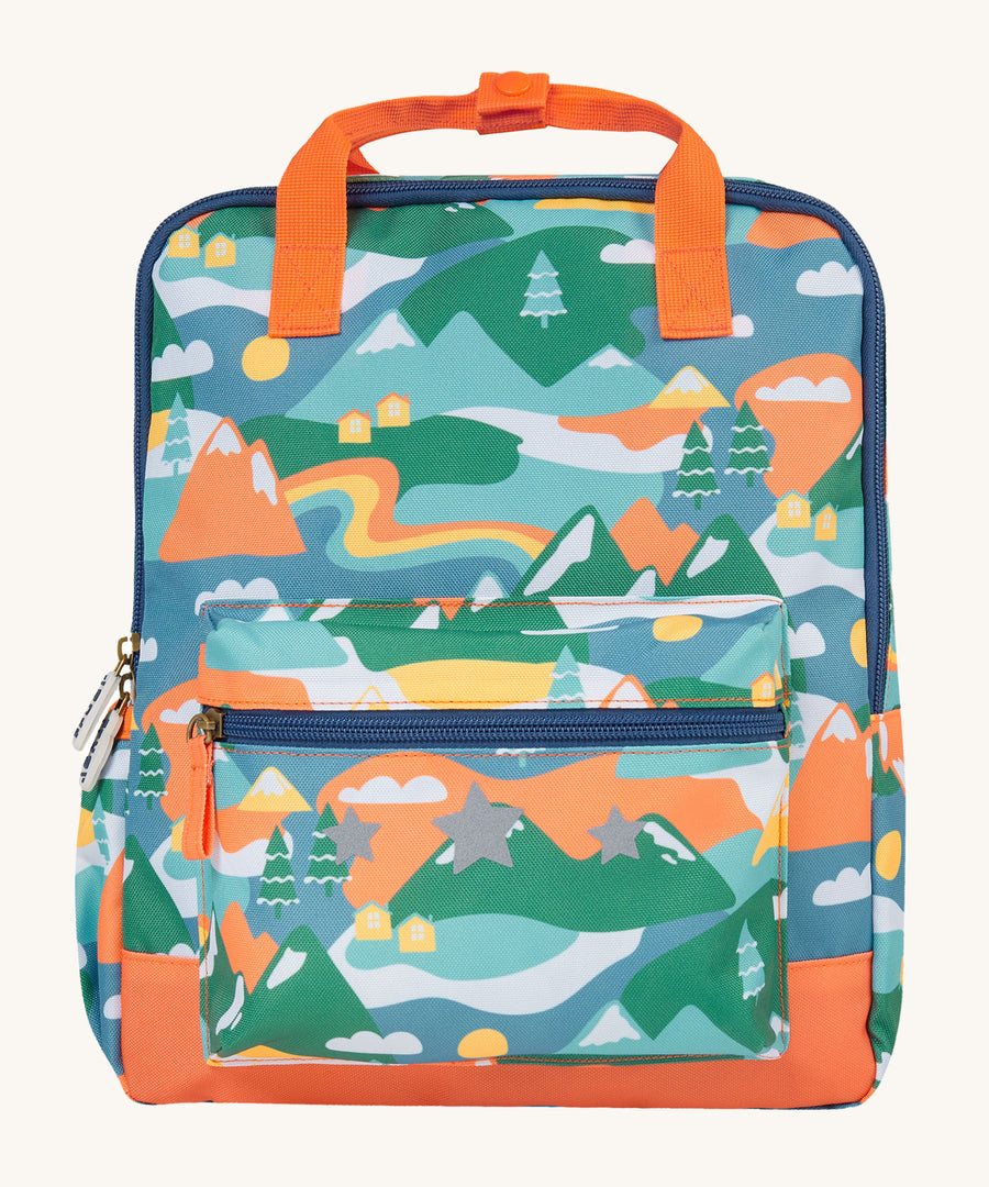 Frugi Children's Explorers Backpack - Alpine Adventures with an all over, colouful Alpine mountain print