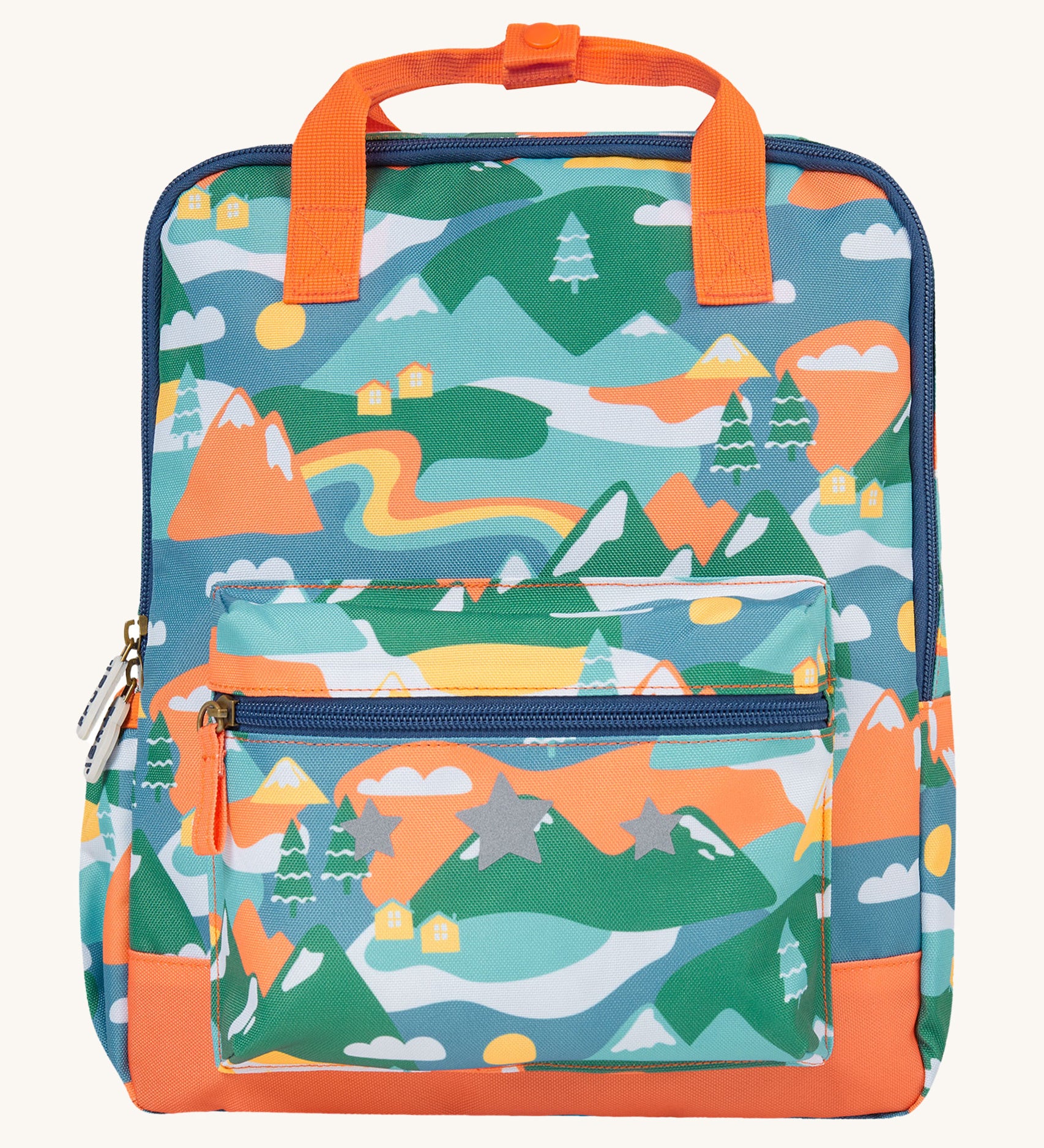 Frugi Children's Explorers Backpack - Alpine Adventures with an all over, colouful Alpine mountain print