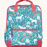 Frugi Explorers Backpack - Wild Horses. Made from post-consumer recycled plastic, this Explorers Backpack from Frugi comes in a Wild Horses print which features white horses, colourful pink, yellow and green rainbows, plants and flowers. Perfect for schoo